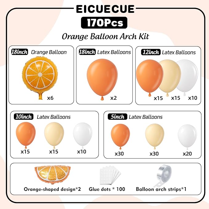 Orange Balloons Garland Arch Kit - 170Pcs Different Size Orange and Pastel Orange Balloons for Little Cutie Baby Shower Tangerine Theme Fruit Birthday Gender Reveal Party Decorations