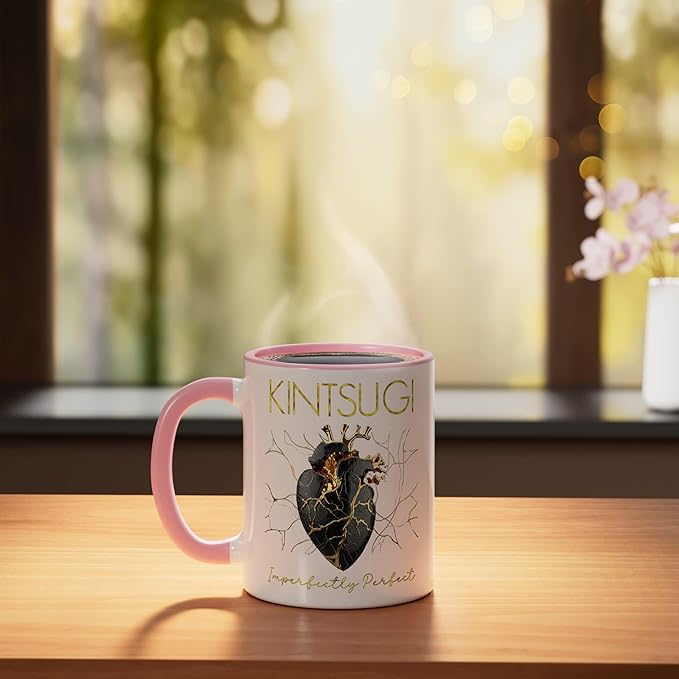 Kintsugi Pottery Golden Heart Japanese Art repair Pottery Ceramic Mug, Pink/White