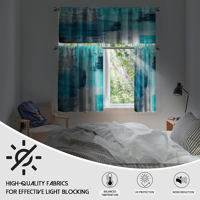 MCALK Turquoise Blackout Kitchen Curtains Tiers and Valances Set 3 Piece for Windows Grey Kitchen Window Curtains Set,Modern Abstract Art Valances for Living Room(36" Tiers Set)