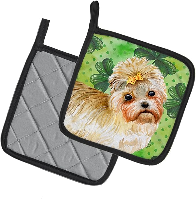 Caroline's Treasures BB9842PTHD Morkie St Patrick's Pair of Pot Holders, Green Kitchen Heat Resistant Pot Holders Sets Oven Hot Pads for Cooking Baking BBQ, 7 1/2 x 7 1/2