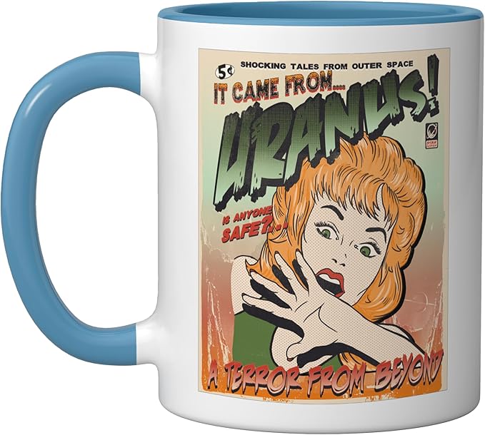 Ufo Flying Saucer Invasion 1950's Sience Fiction Abduction Ceramic Mug, Blue/White