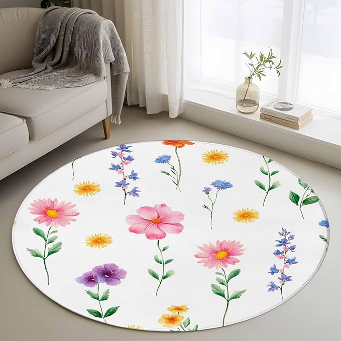 Washable Round Area Rug Watercolor Farmhouse Flower Circle Rugs Floor Carpet for Living Room Bedroom, Yellow Pink Purple Blue Floral Soft Non Slip Round Rug 3ft