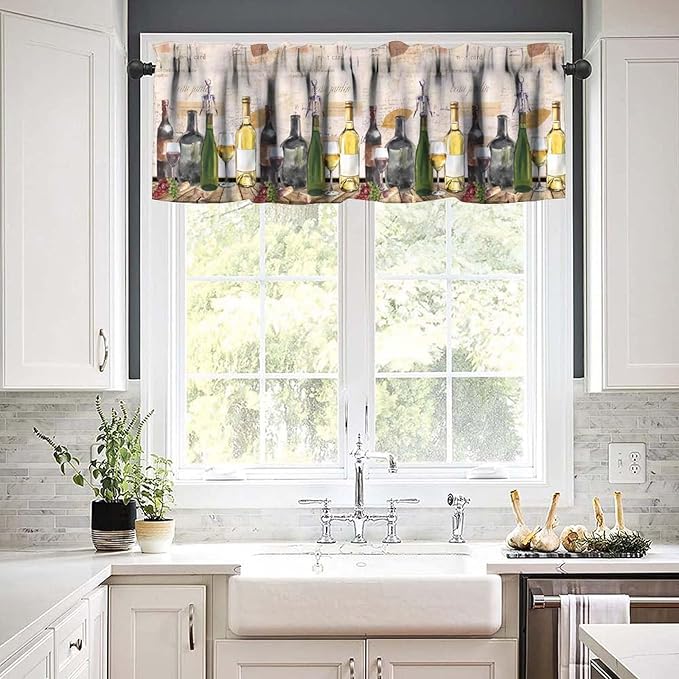 Vintage Red Wine Valance, French Country Wine and Grapes Rustic Farmhouse Short Window Treatment for Kitchen Dining Room Bedroom Home Bar, 54x18Inch