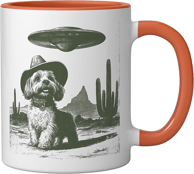 Retro Cowboy Dog UFO Desert Landscape Art Ceramic Mug, Orange/White