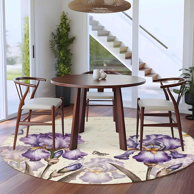 Washable Round Area Rug Pastoral Purple Flower Watercolor Circle Rugs Floor Carpet for Living Room Bedroom, Country Botanical Butterflies Soft Non Slip Round Rug 5ft