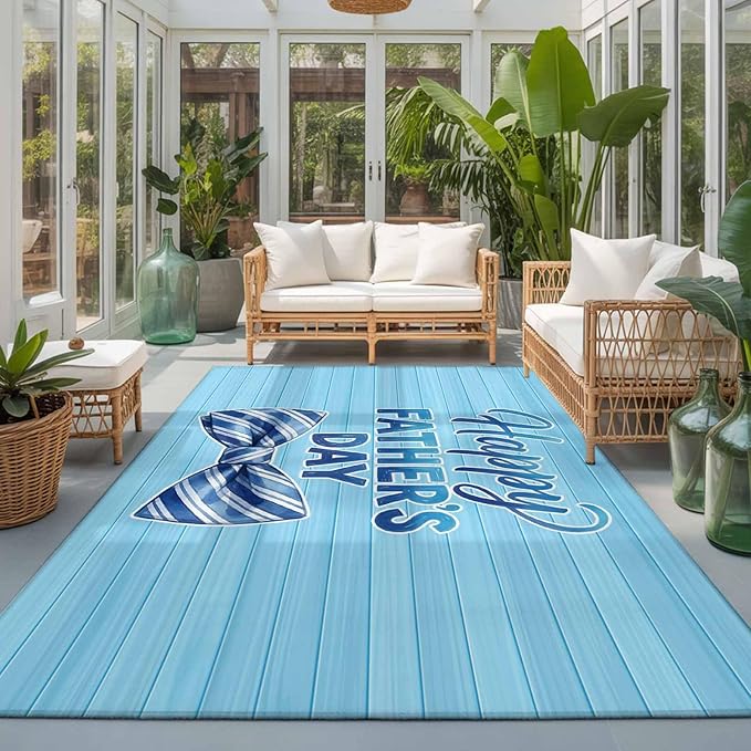 Area Rug 3x5ft, Father's Day Vintage Plank Washable Rugs for Living Room Bedroom, Cartoon Blue Stripes Bow Soft Non-Slip Area Rugs Rectangle Floor Carpet for Dining Room