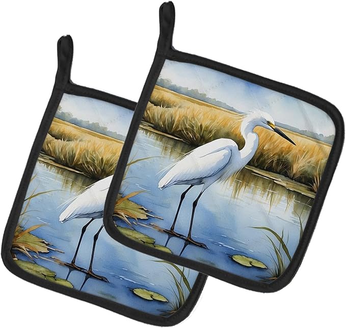 Caroline's Treasures Snowy Egret in Coastal Marshes Pair of Pot Holders Kitchen Heat Resistant Pot Holders Sets Oven Hot Pads for Cooking Baking BBQ, 7 1/2 x 7 1/2
