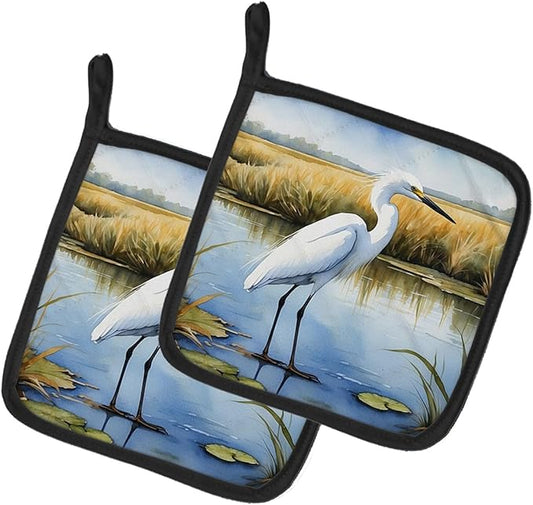 Caroline's Treasures Snowy Egret in Coastal Marshes Pair of Pot Holders Kitchen Heat Resistant Pot Holders Sets Oven Hot Pads for Cooking Baking BBQ, 7 1/2 x 7 1/2