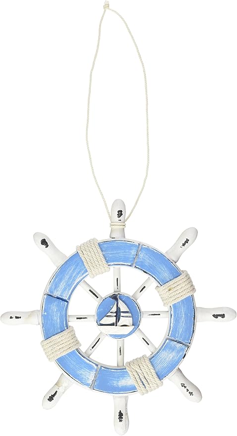 Hampton Nautical Rustic Light Blue and White Decorative Ship Wheel with Sailboat and Hook 8" -
