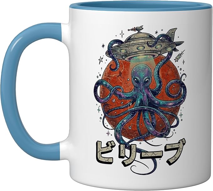 Retro Vintage Japanese Octopus Kraken Alien Planet Galaxy Ceramic Mug, Blue/White