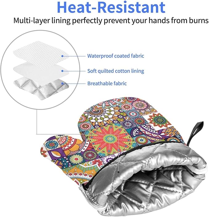 Boho Mandalas Oven Mitts of 2 Pack, Funny Kitchen Gloves Heat Resistant Non-Slip Kitchen Mitts for Cooking Baking Grilling