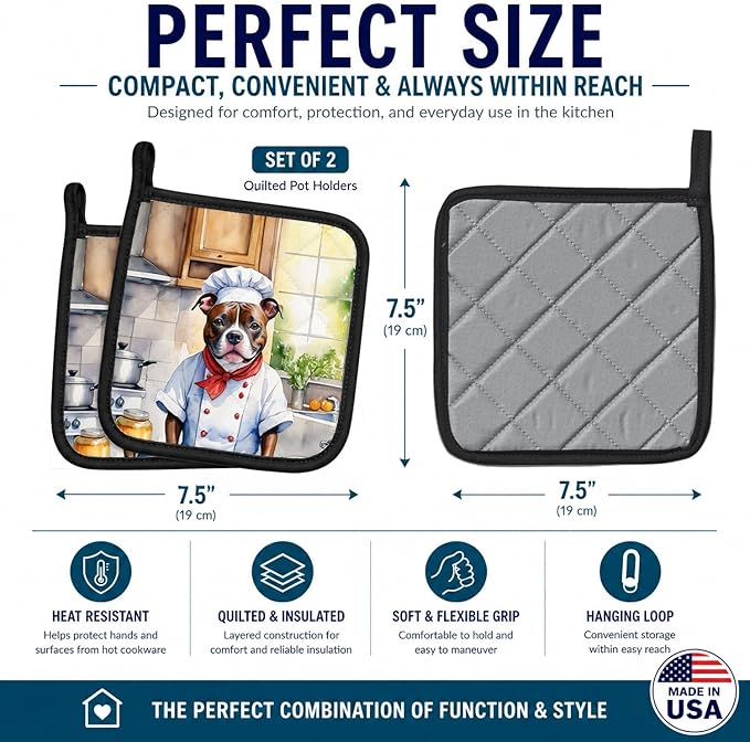 Caroline's Treasures Staffordshire Bull Terrier The Chef Pair of Pot Holders Kitchen Heat Resistant Pot Holders Sets Oven Hot Pads for Cooking Baking BBQ, 7 1/2 x 7 1/2