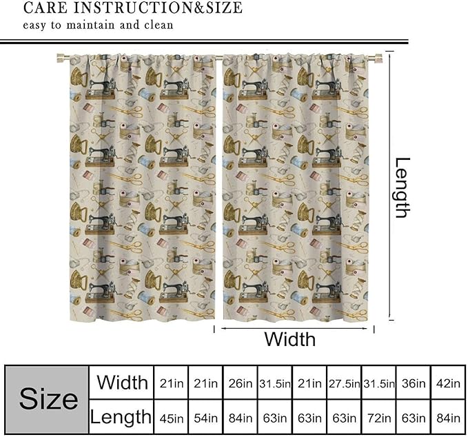 Sewing Theme Curtain,Sewing Machine Pattern for Girls Teens Women Adult Window Treatment Curtains for Bedroom Cafe Dining Room Office Living Room Kitchen Drapes, 42x54 in