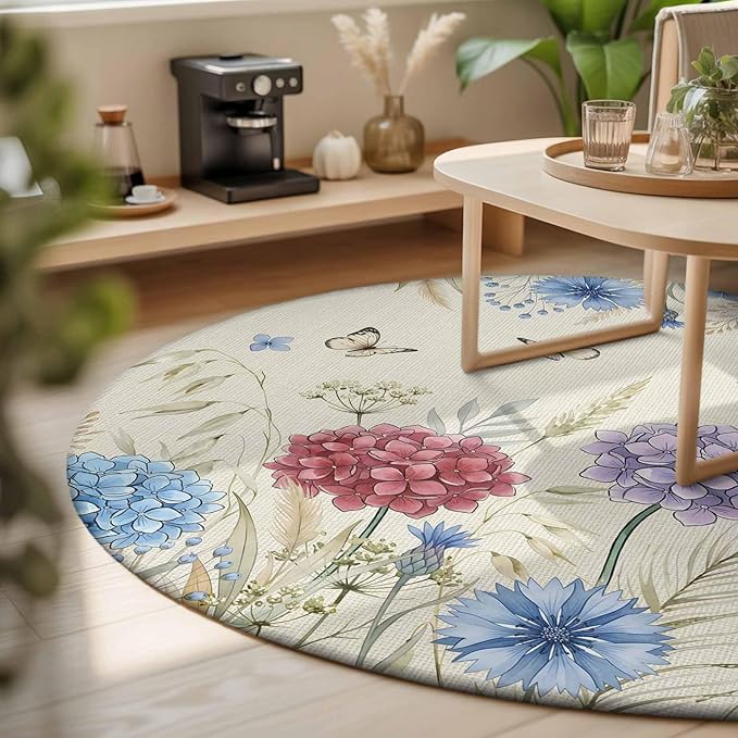 Washable Round Area Rug Spring Watercolor Garden Flower Circle Rugs Floor Carpet for Living Room Bedroom, Hydrangea Floral on Burlap Soft Non Slip Round Rug 3ft
