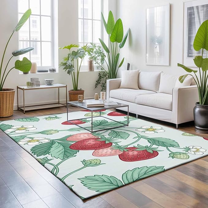 Area Rug 9x12ft, Strawberries White Flowers Washable Rugs for Living Room Bedroom Rectangle Floor Carpet, Rustic Garden Botanical Soft Non-Slip Area Rugs for Dining Room