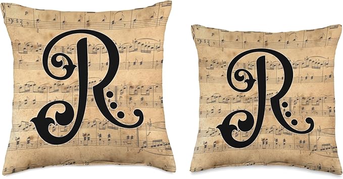 Monogram Initial of Capital Letter R on Vintage Sheet Music Throw Pillow