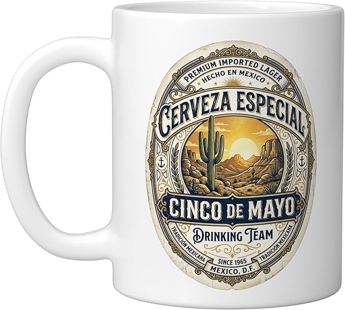 Cinco De Mayo Drinking Team Cerveza Beer Label Ceramic Mug, White