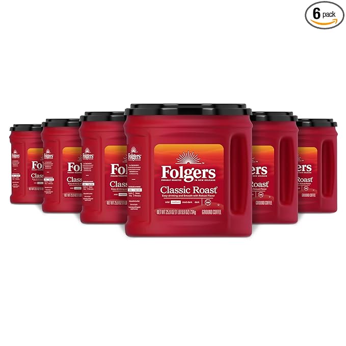 Folgers Classic Roast Ground Coffee, Medium Roast, 25.9 Oz. Canister (Pack of 6)