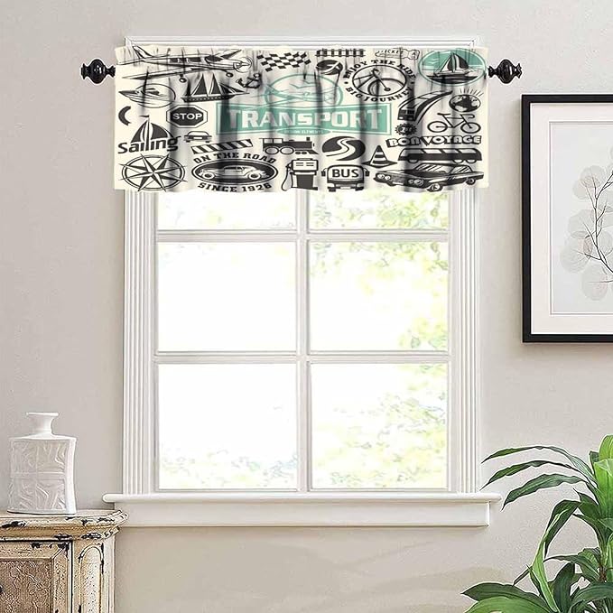 Retro Valances Curtains Garage Symbol Car Transportation Vehicle Icon Set,Design Elements of Car Logo Windows Short Curtain Valance for Kitchen Bedroom with Rod Pocket, One Panel 54X18 Inches