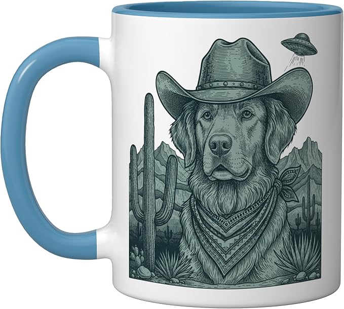 Cowboy Golden Retriever With Ufo Western Dog Art Ceramic Mug, Blue/White