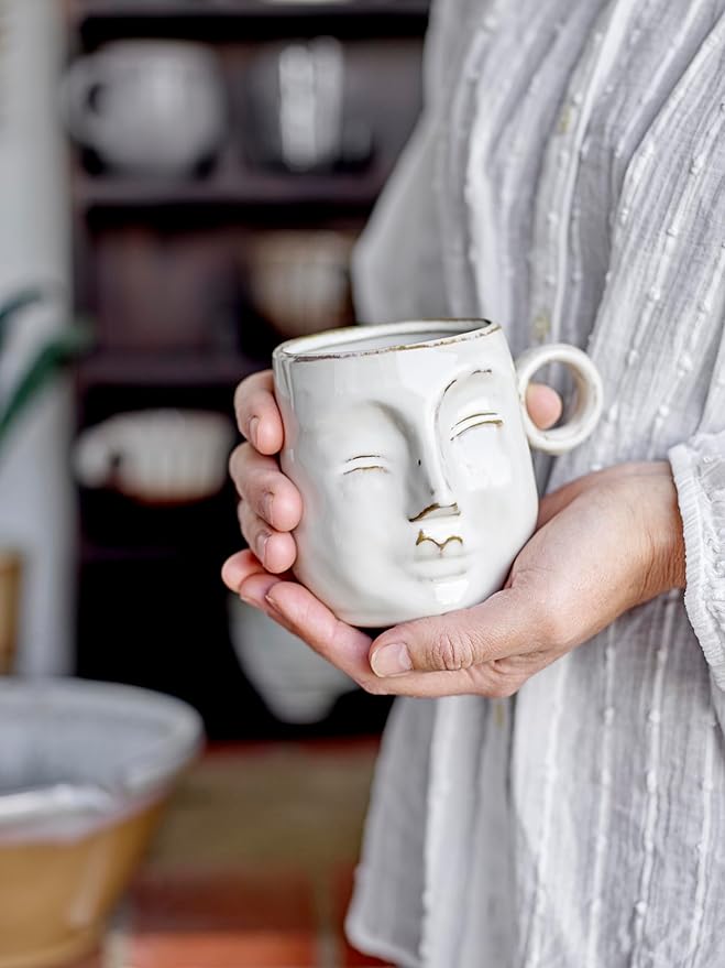 Bloomingville Stoneware Face Mug, Reactive Glaze, Cream Color