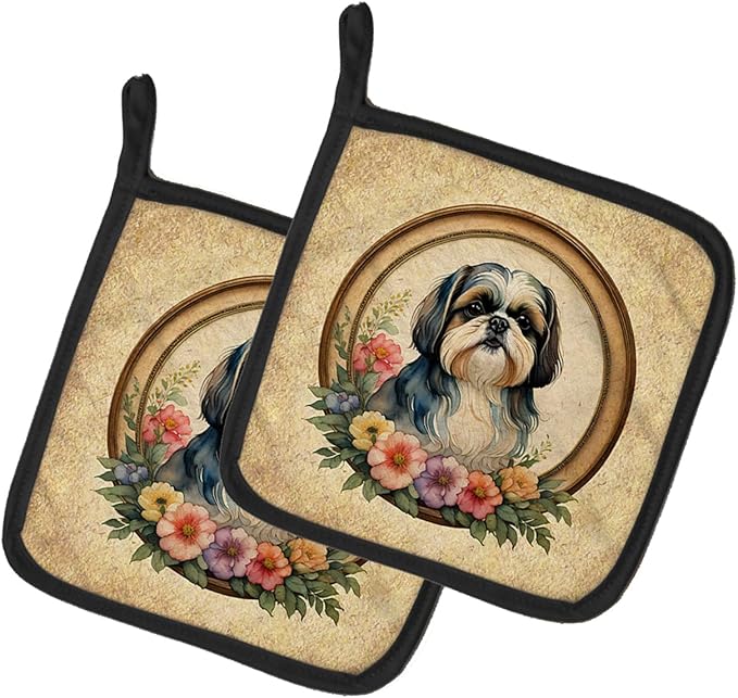 Caroline's Treasures Shih Tzu and Flowers Pair of Pot Holders Kitchen Heat Resistant Pot Holders Sets Oven Hot Pads for Cooking Baking BBQ, 7 1/2 x 7 1/2