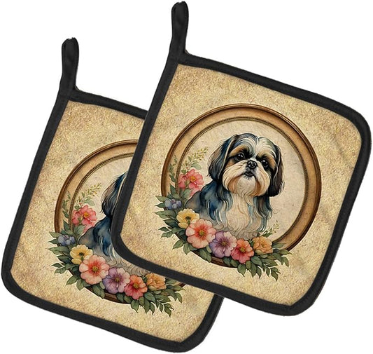 Caroline's Treasures Shih Tzu and Flowers Pair of Pot Holders Kitchen Heat Resistant Pot Holders Sets Oven Hot Pads for Cooking Baking BBQ, 7 1/2 x 7 1/2
