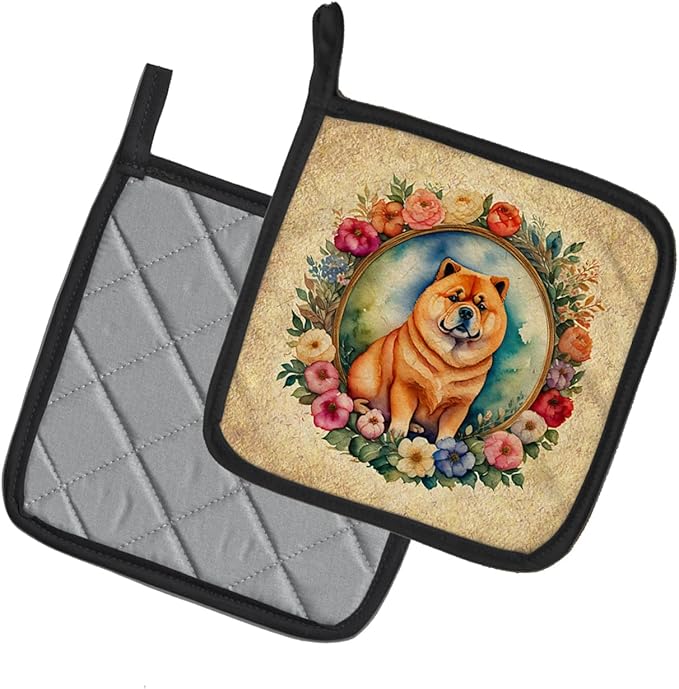 Caroline's Treasures Chow Chow and Flowers Pair of Pot Holders Kitchen Heat Resistant Pot Holders Sets Oven Hot Pads for Cooking Baking BBQ, 7 1/2 x 7 1/2