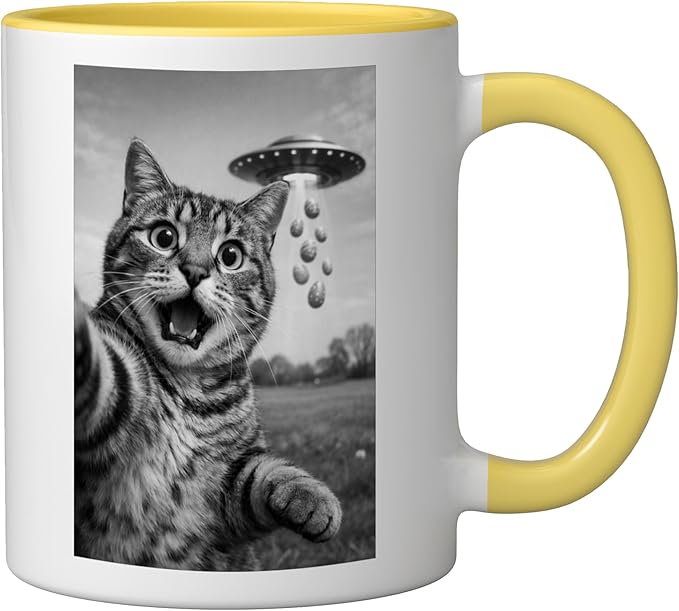 Funny Cat Selfie Easter Eggs Alien UFO Abduction Men Women Ceramic Mug, Yellow/White