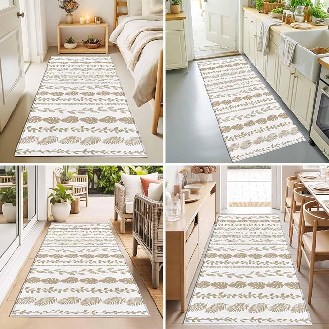 Runner Rug for Bedroom Hallway, Farmhouse Monstera Leaf Seamless Kitchen Runner Rugs Area Rug 2x6ft, Summer Rustic Abstract Leaves Washable Soft Floor Carpet for Entryway Stair