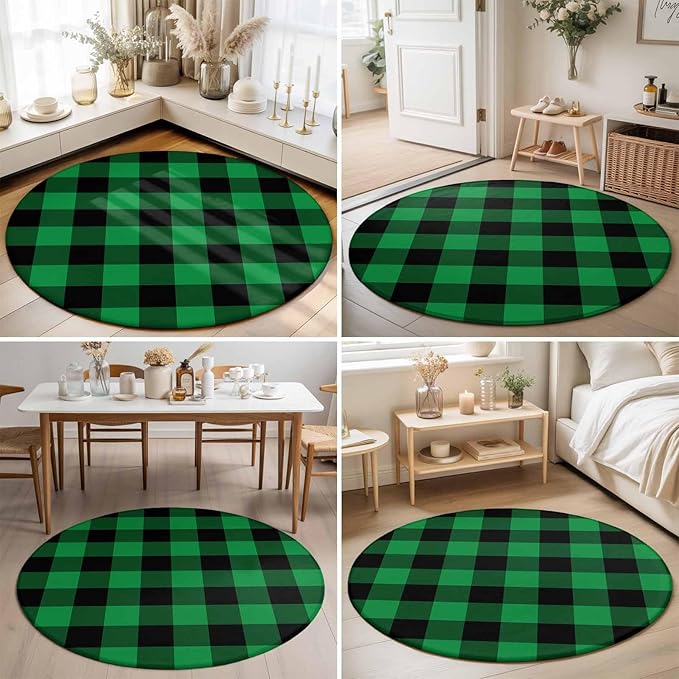 Washable Round Area Rug St. Patrick's Day Lucky Green Black Plaid Circle Rugs Floor Carpet for Living Room Bedroom, Buffalo Lattice Soft Non Slip Round Rug 3ft