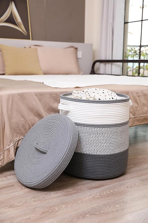 16" x 16" x 18" Extra Large Storage Basket with Lid, Cotton Rope Storage Baskets, Laundry Hamper, Cloth Bin, for Clothes Towels Blankets Pillows Storage in Living Room, White/Grey Mix/Dark Grey