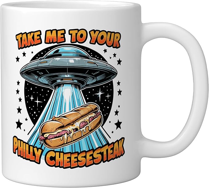 Take Me to Your Philly Cheesesteak UFO Philly Cheesesteak Ceramic Mug, White
