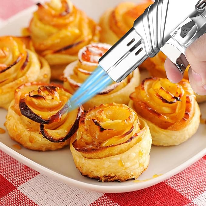 mollie Mini Butane Torch Lighter with Adjustable Flame, Small Refillable Kitchen Cooking Blow Torch for Creme Brulee, Windproof Baking Torch with Safety Lock, Silver (Butane Gas Not Included)
