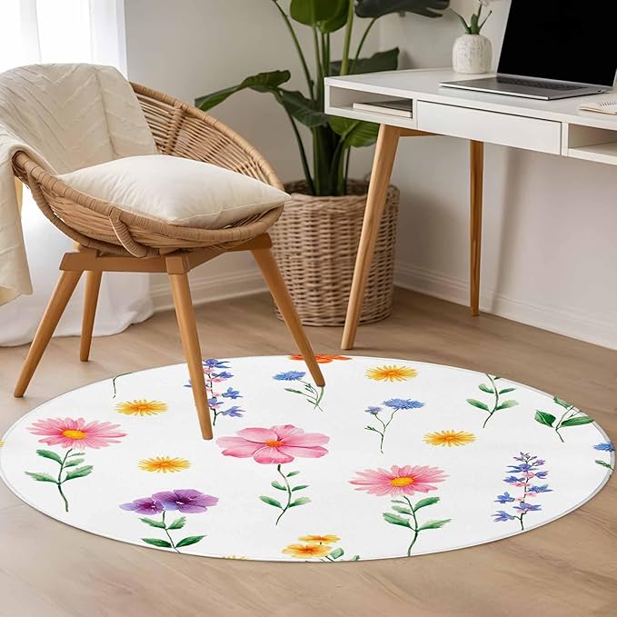 Washable Round Area Rug Watercolor Farmhouse Flower Circle Rugs Floor Carpet for Living Room Bedroom, Yellow Pink Purple Blue Floral Soft Non Slip Round Rug 3ft