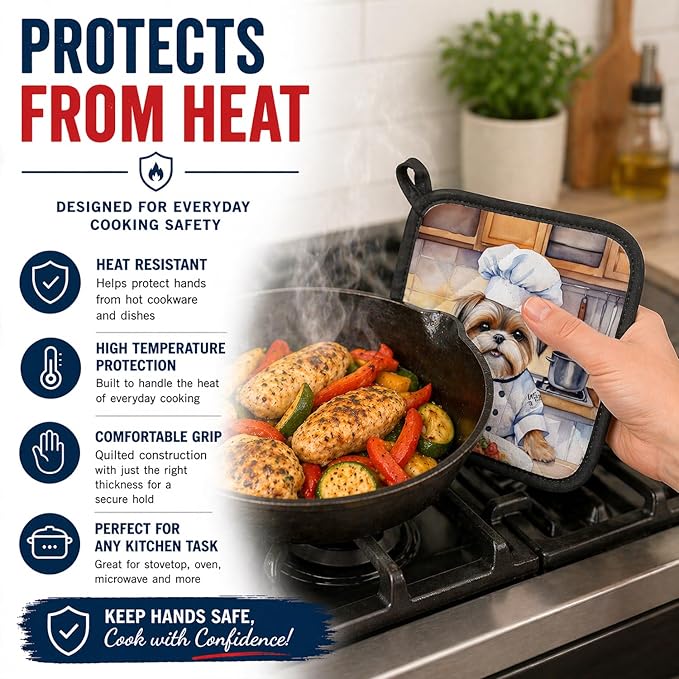 Caroline's Treasures Lhasa Apso The Chef Pair of Pot Holders Kitchen Heat Resistant Pot Holders Sets Oven Hot Pads for Cooking Baking BBQ, 7 1/2 x 7 1/2