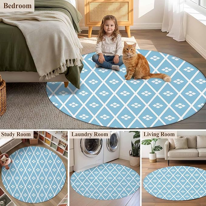 Washable Round Area Rug Boho Blue White Plaid Line Circle Rugs Floor Carpet for Living Room Bedroom, Abstract Geometric Diamond Soft Non Slip Round Rug 5ft