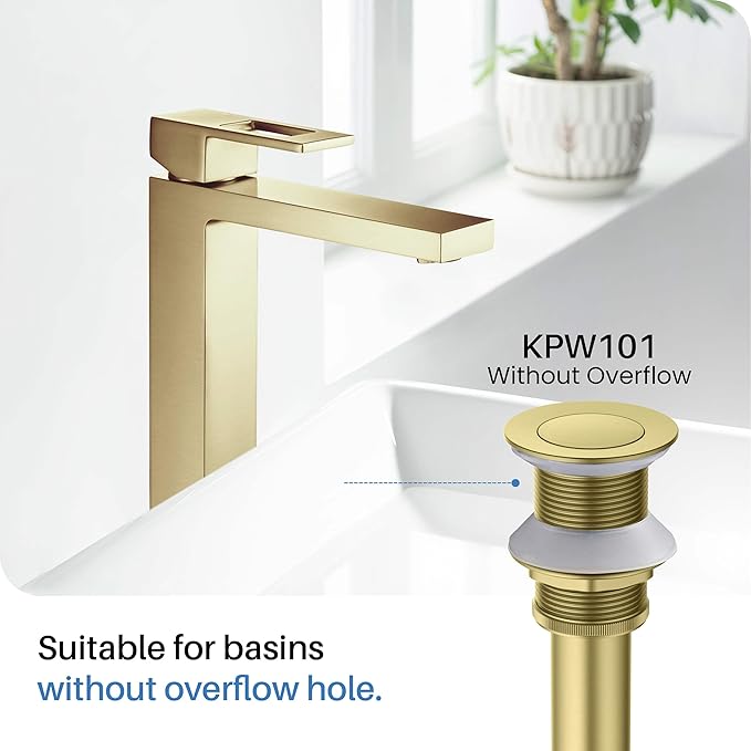 KIBI Waterfall Bathroom Sink Faucet | Single Handle Brass Vanity Faucet with Water Supply Hose | Durable Brass Construction and Smooth Water Flow | Brushed Gold Finish, KBF1005 (Pop Up Drain Included)