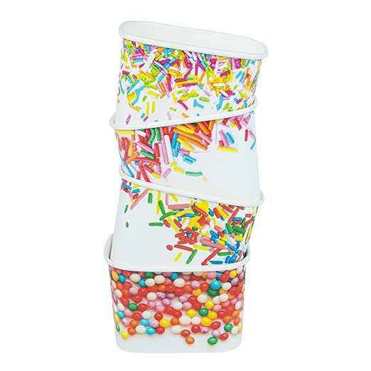 Restaurantware Paper Cups 200 Count 12 Ounce Square Disposable Ice Cream Containers, Leak-Resistant Paper Dessert To Go Cups, Hot And Cold Food, Durable Assorted Sprinkles Design