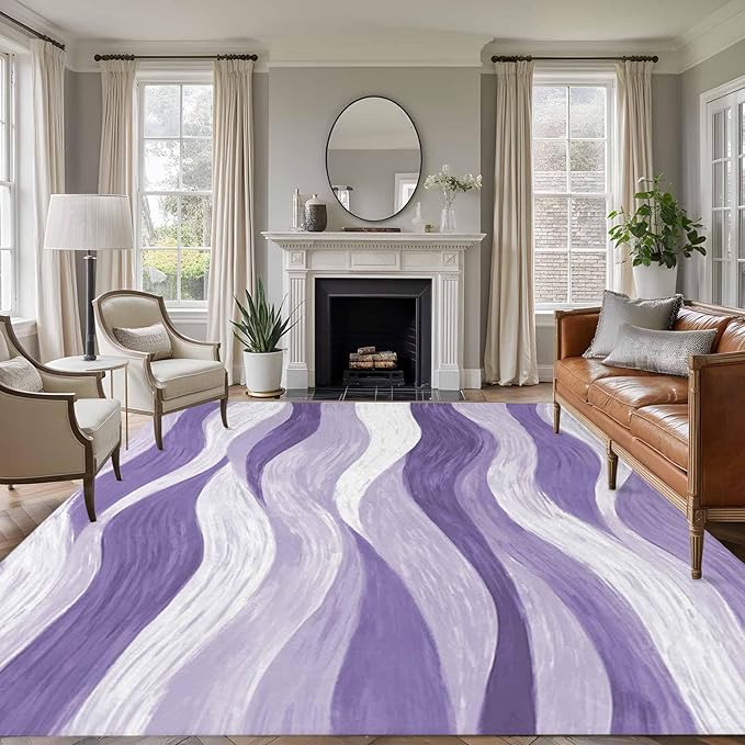 Area Rug 9x12ft, Abstract Lavender Purple White Water Ripples Washable Rugs for Living Room Bedroom Rectangle Floor Carpet, Modern Art Soft Non-Slip Area Rugs for Dining Room