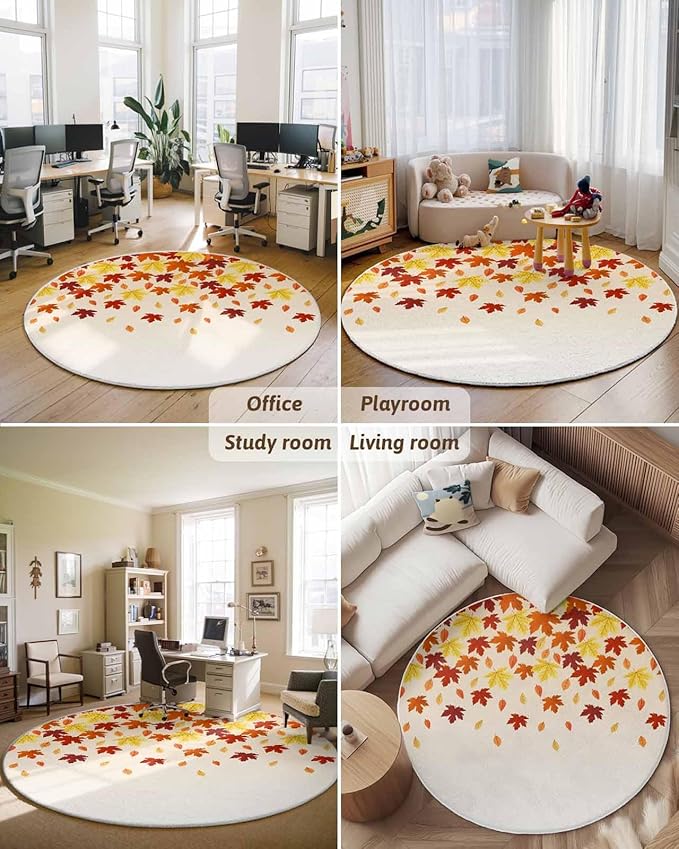 Round Area Rug,Fall Orange Maple Leaf Watercolor Circle Living Room Rug Non-Slip Rugs Indoor Carpet,Thanksgiving Fallen Leaves Seamless Soft Comfort Rugs for Bedroom KidsRoom Nursery