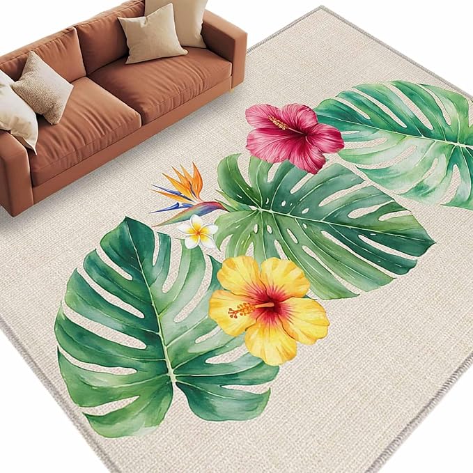 Area Rug 8x10ft, Country Monstera Hibiscus Foliage Washable Rugs for Living Room Bedroom, Tropical Plant Vintage Linen Soft Non-Slip Area Rugs Rectangle Floor Carpet for Dining Room