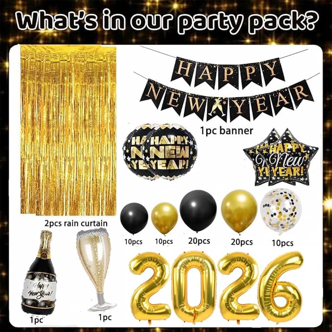 Happy New Year Party Decoration 2026 Foil Balloon Banner and Curtains Disco Balloons Champagne Balloon New Years Eve Black and Gold Party Supplies Decorations