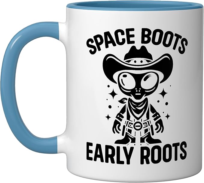 Alien Lover Flying Saucer UFO Extraterrestrial Cowboy Ceramic Mug, Blue/White