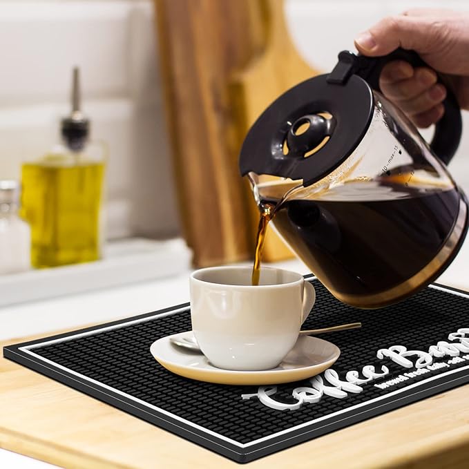 Potchen Coffee Bar Mat for Countertop 18x12 Inch, Non Slip PVC Spill Pad, Black Coffee Station Drip Mat for Espresso Machine, Kitchen Counter Accessories