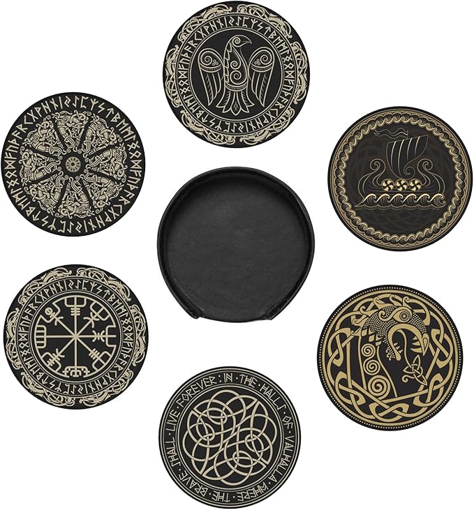 Black Viking Magical Runic Runes Leather Drinks Coasters with Holder, Set of 6, Suitable for Various Cups