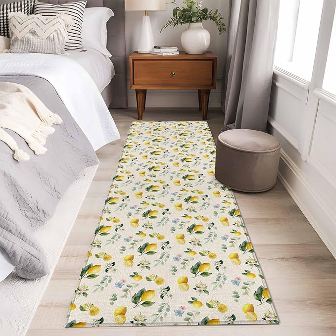 Runner Rug for Bedroom Hallway, Country Lemon Flower Leaf Kitchen Runner Rugs Area Rug 2x6ft, Pastoral Fruit Plant Vintage Linen Washable Soft Floor Carpet for Entryway Stair
