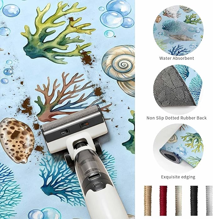 Washable Round Area Rug Coastal Shell Coral Bubble Circle Rugs Floor Carpet for Living Room Bedroom, Nautical Ocean Blue Underwater Scene Soft Non Slip Round Rug 5ft