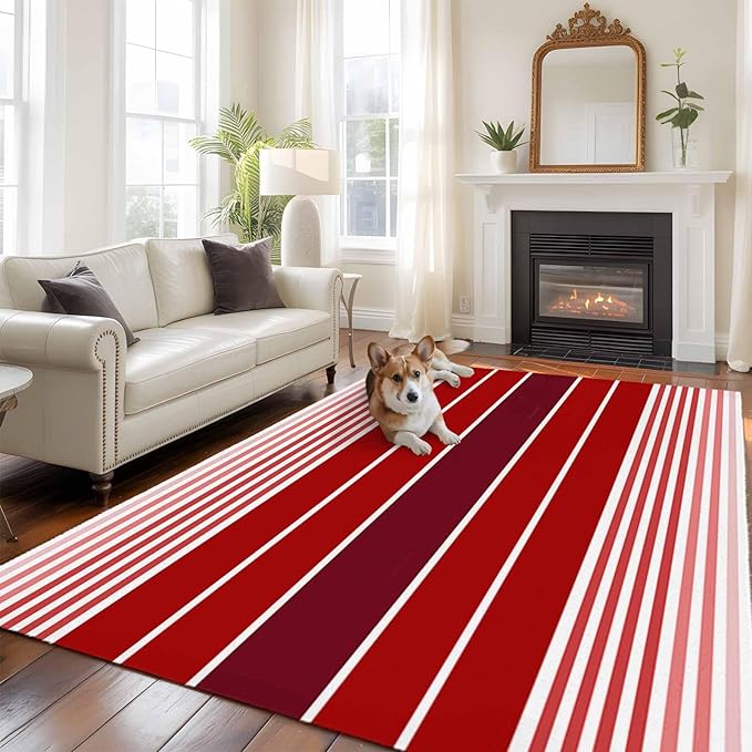 Area Rug 6x9ft, Abstract Gradient Red White Stripes Washable Rugs for Living Room Bedroom, Ombre Modern Art Soft Non-Slip Area Rugs Rectangle Floor Carpet for Dining Room
