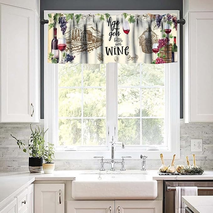 Rustic Wine Kitchen Valance, Vintage Vineyard Grapevine Wineglass Farmhouse Decor Short Window Drapes for Bedroom Living Room Home Bar Decoration, 54x18Inch